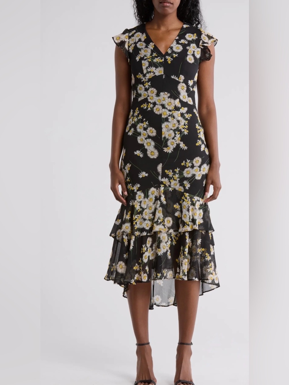 Tommy Hilfiger Black Floral Midi Dress with Yellow Daisy Print
